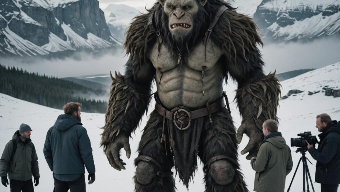 Trol 2: Netflix apuesta por el folklore nórdico convertido en blockbuster global A dramatic behind-the-scenes moment from the set of a Nordic fantasy film, with lead actors in winter gear, a massive troll figure looming in the background, photorealistic editorial style, overcast daylight, crisp northern landscape with snow-capped mountains, focused on the main cast and director discussing a scene, production equipment subtly visible, energetic yet tense mood, main subjects centered and sharply in focus.