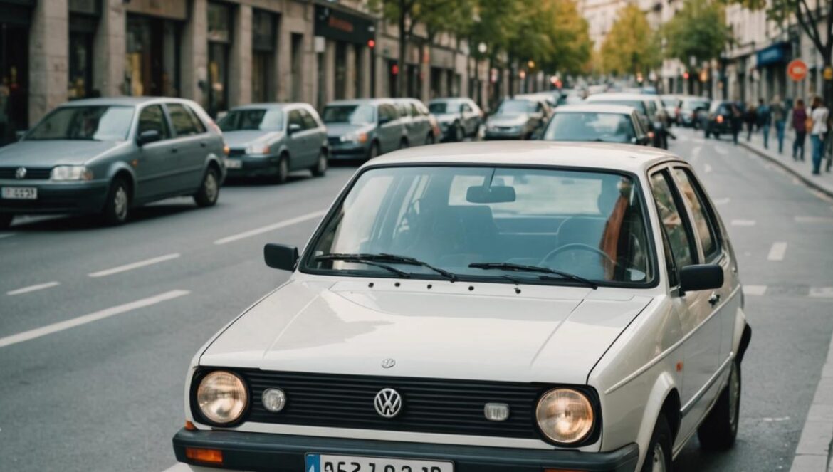 ¿Coche histórico en Madrid? Cuidado: no puedes circular libremente como crees A classic Volkswagen Golf from the 1990s, parked on a lively street in central Madrid, photorealistic editorial style, clear signage indicating environmental restrictions and regulated parking zones, bright daylight with sharp focus on the car and urban context, well-centered composition emphasizing both the vehicle and relevant city elements.
