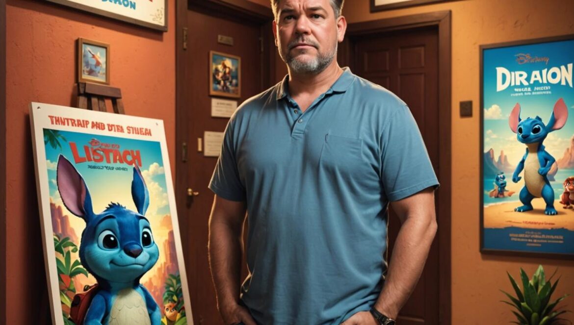 ¿Por qué Disney dejó fuera a Dean DeBlois del remake de ‘Lilo & Stitch’? Dean DeBlois, thoughtful and slightly distant, stands at a movie set entrance with posters of 'Lilo & Stitch' and 'How to Train Your Dragon' behind him. Editorial photorealistic style, neutral warm lighting, focus on his contemplative expression, centered composition, subtle Disney references in the background but no overt branding.