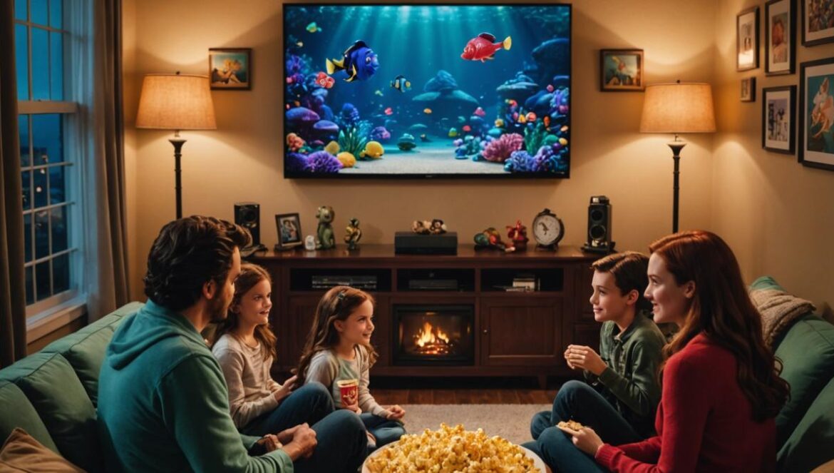 Disney en televisión: ¿Por qué los remakes live-action siguen cautivando a toda una generación? A cozy living room at night, centered on a modern flat-screen TV displaying vivid scenes from 'The Little Mermaid' and 'Dumbo' live-action movies, photorealistic editorial style, warm ambient lighting, with a Spanish family—parents and kids—seated on a plush sofa visibly engaged and sharing popcorn, vintage movie posters and vinyl records in the background, main focus on the glowing screen and the captivated viewers.