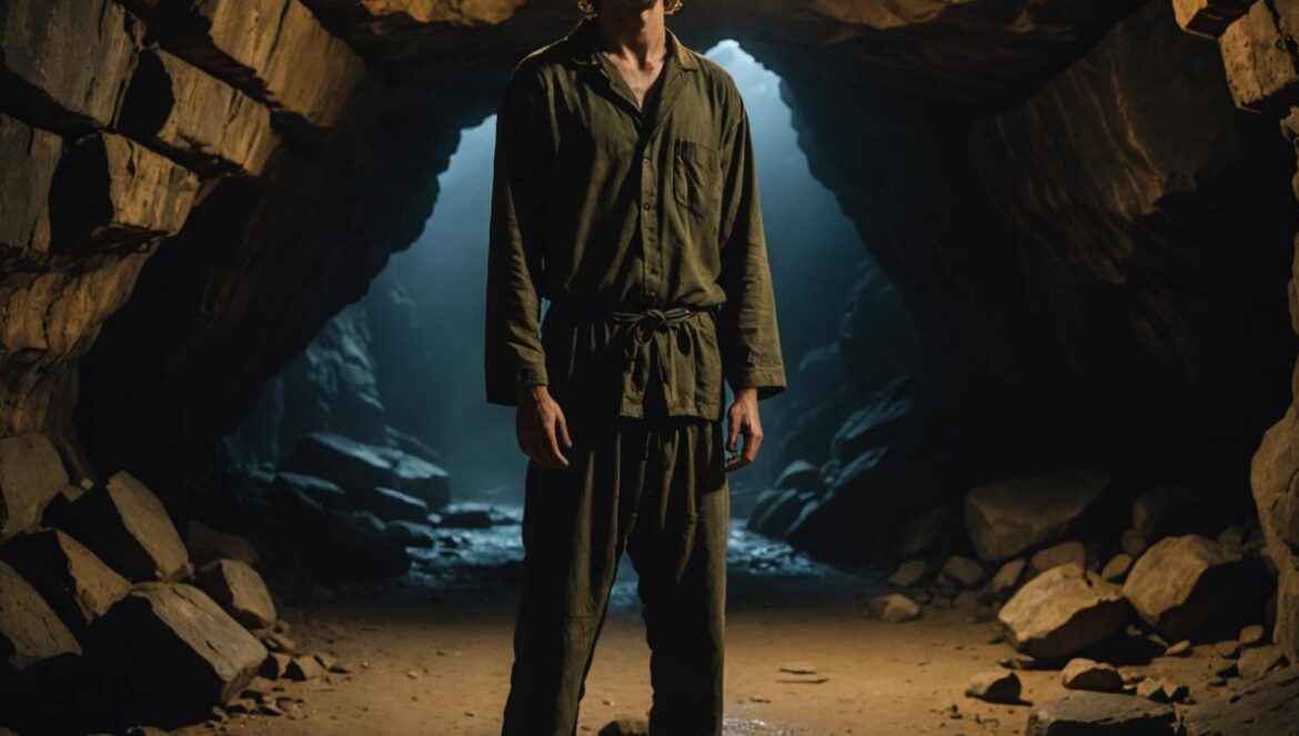 Baby Steps: el videojuego absurdo que te enseña a vivir cayéndote A young man in pajamas with disheveled hair stands awkwardly in the center of a dark, damp cave, illuminated by faint torchlight. He is barefoot, his feet dirty, and he looks both bewildered and determined. The background features glistening wet stone walls and distant hints of daylight at the cave's exit. Photorealistic editorial style, warm yet dramatic lighting focuses on the main subject clearly centered and in sharp focus, with subtle props like a pizza box and retro game controller on the ground nearby for added storytelling.