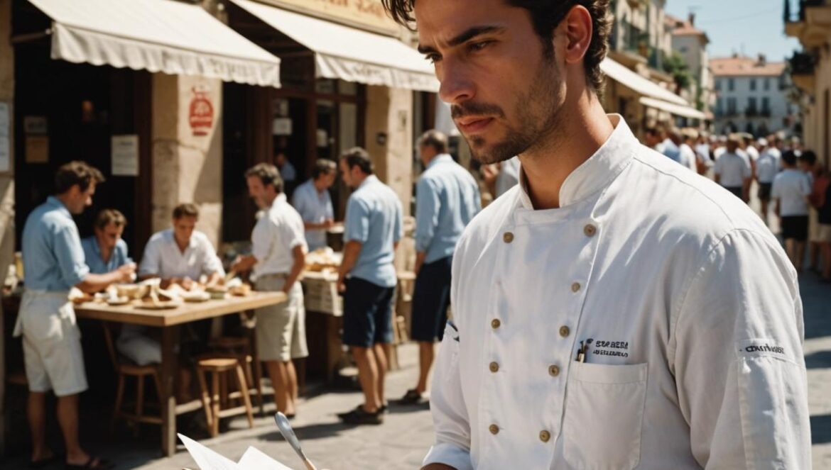 ¿Cocinar o buscar piso? El drama oculto tras la hostelería de verano A young Spanish chef in casual summer attire, looking thoughtfully at a real estate listing board in a bustling coastal tourist town, photorealistic editorial style, midday sun casting clear shadows, lively street with cafes and tourists in the background, chef centered and sharply in focus, holding a spatula and a notepad, worried expression.