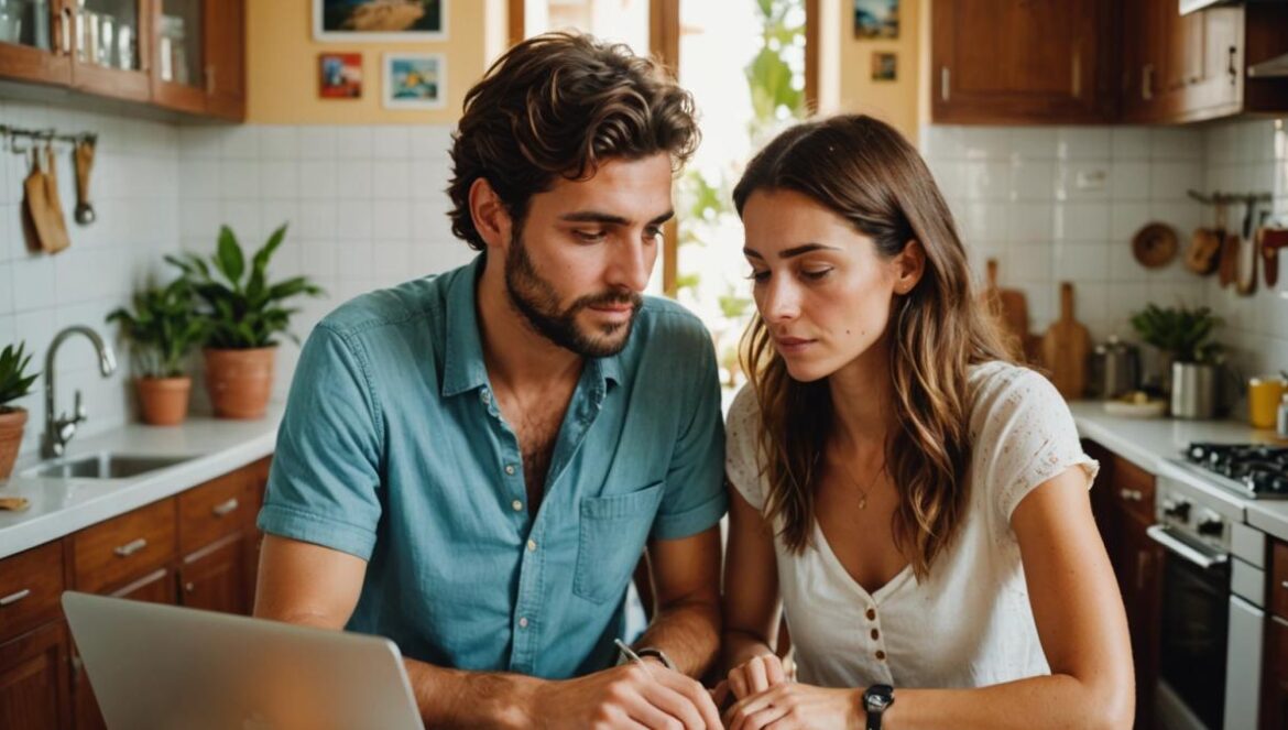 Turismo en España: ¿Por qué unas vacaciones en Canarias cuestan lo mismo que el Caribe? Mi experiencia y consejos para sobrevivir a la paradoja del verano 2025 A young Spanish couple, sitting at a sunny kitchen table, comparing vacation prices on a laptop, surrounded by travel brochures for Spain and the Caribbean, photorealistic editorial style, bright natural lighting, vibrant plants and candles in the background, main subjects well-centered and in sharp focus with a look of surprise and curiosity.