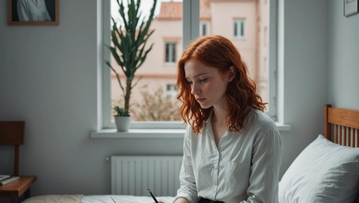 ¿Final justo? Así terminó Sirin en ‘Força de Mulher’, contado desde adentro A young woman with striking red hair, sitting alone in a minimalistic psychiatric clinic room, editorial photorealistic style, moody soft lighting from a small window, holding a book while looking contemplative and slightly emotional. The main subject is centered and in sharp focus. Subtle details like neutral walls, a bed with white sheets, and a book cover with the name 'Bahar' are visible. Clean background.