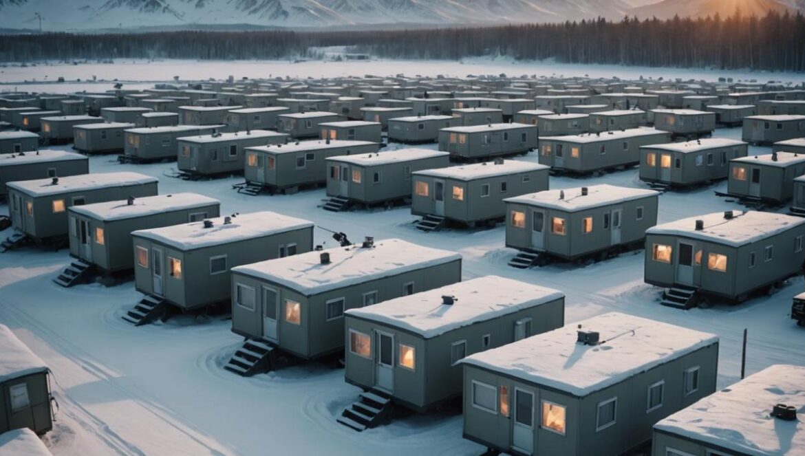 Spiderweb: la operación de drones que reinventó la guerra moderna en Rusia A photorealistic editorial-style image showing a group of camouflaged mobile homes at dawn, parked in a remote, snowy Russian landscape. In the foreground, engineers disguised as civilians monitor control panels while hidden drones prepare for launch from rooftop hatches. The mood is tense and secretive, with focused faces and advanced tech equipment inside one opened mobile home. The main action is centered and well-lit, capturing the moment just before the drone offensive begins, with subtle Ukrainian insignia barely visible on some devices.