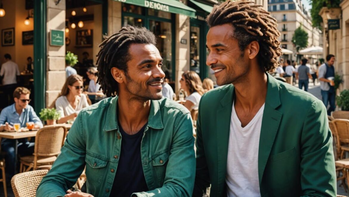 Yannick Noah, 6 hijos y 4 madres: lo que esta familia nos enseña sobre el bienestar real A modern family scene in Paris, Yannick Noah and his son Joalukas sharing a warm moment at a sunlit café terrace, photorealistic editorial style, relaxed urban ambiance with soft natural lighting, green plants around, stylish casual clothing, well-centered and in sharp focus, with subtle Parisian architecture in the background.