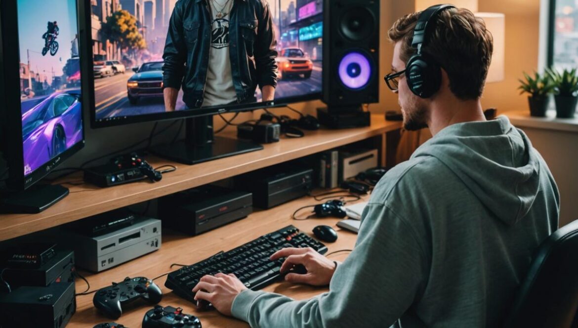 GTA 6 Trailer y Discord Nitro: ¿vale la pena el hype del nuevo quest? A modern gamer in his twenties, sitting at a desk surrounded by retro and new game consoles, watching the GTA 6 trailer on a sleek monitor with the Discord app open, photorealistic editorial style, well-lit cozy apartment with posters of classic Rockstar Games titles, main subject centered and sharply focused, energetic vibe.