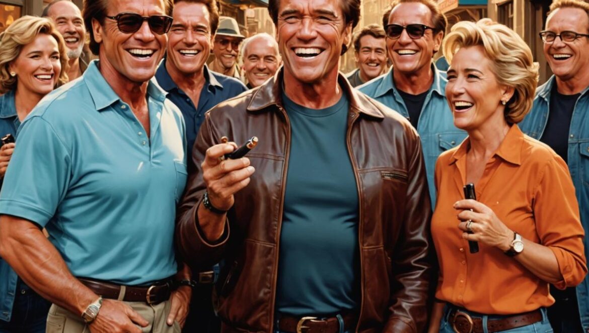 Schwarzenegger embarazado, DeVito con un puro y la locura noventera que lo hizo posible A photorealistic editorial-style image of Arnold Schwarzenegger on a 90s film set, laughing with Danny DeVito and Emma Thompson. Centered: Arnold in casual filming attire, holding a cigar with a surprised yet amused expression. Around him, classic film equipment and vibrant crew members. Warm, nostalgic lighting, capturing the lively energy of a movie set. Main subjects are centered and in sharp focus for a clean, professional look.