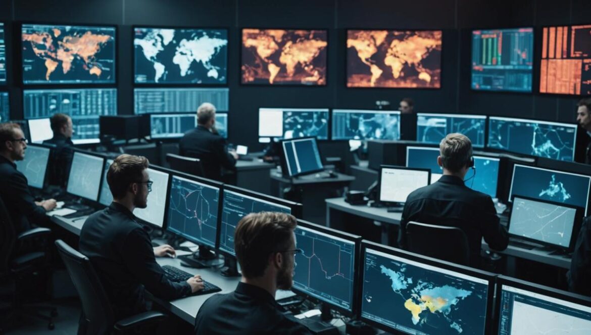 La guerra invisible de Irán: cómo los ciberataques sustituyen a los misiles y exponen a Occidente A group of focused cybersecurity experts monitoring global cyberattacks in a high-tech control room, photorealistic editorial style, screens filled with digital attack maps and warning signs, tense and urgent mood, center-focused composition with one analyst staring intently at data, crisp modern lighting, clean tech environment.