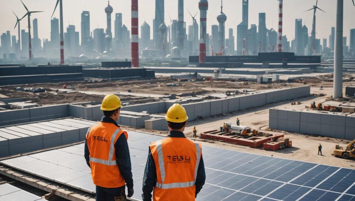 Tesla y China: cómo los Megapacks reescriben el futuro energético global A massive, cutting-edge battery installation under construction in Shanghai, editorial photorealistic style, engineers and workers in modern safety gear working on giant Tesla Megapacks, city skyline visible in background with renewable energy elements (solar panels, wind turbines), bright daylight, main subject well-centered and sharply focused, clean industrial setting.