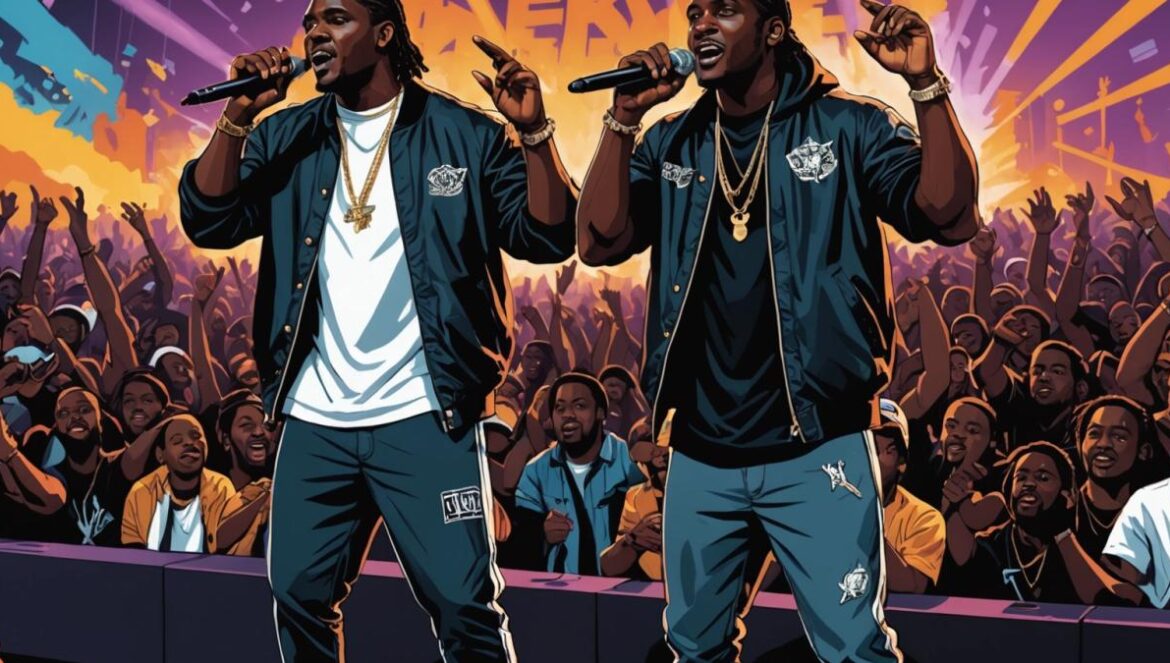 El regreso de Clipse: por qué ‘Let God Sort ’Em Out’ es más que nostalgia y sacude al rap en 2025 Pusha T and Malice of Clipse, performing energetically on stage during a packed hip hop concert, photorealistic editorial style, vibrant stage lights and a cheering crowd, EarthGang as special guests visible in the background, bold tour visuals displayed behind the artists, main subjects sharply centered and in focus with clear details of their expressive faces and stylish outfits, modern urban concert atmosphere.