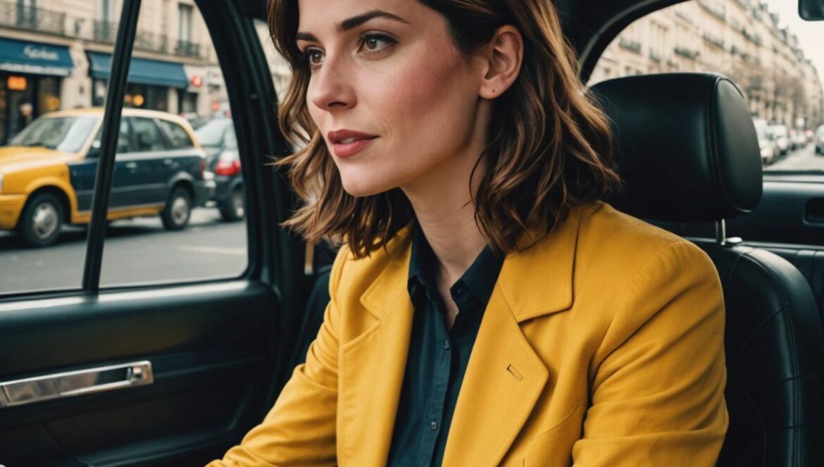 Clara Luciani y el día que cambiaron su canción en la radio (¡en su cara!) A photorealistic editorial-style image of Clara Luciani sitting in the backseat of a modern Parisian taxi, looking amused and slightly proud, her song playing on the radio. The driver, visible from the side, is reaching to change the station with a resigned gesture. The atmosphere is natural daylight, crisp details in Clara’s expression, the taxi’s interior well-lit and tidy, and the main subjects—Clara and the driver—well-centered and in sharp focus.