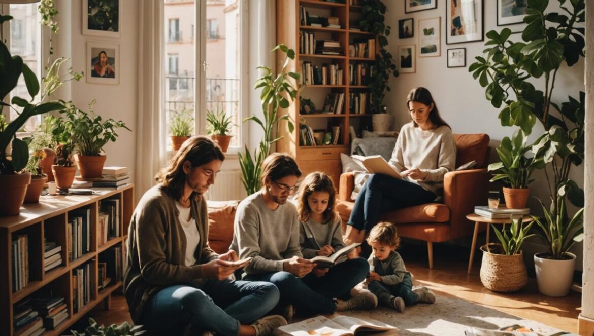Renta básica en Barcelona: lo que realmente pasó con el experimento que cambió vidas A diverse group of people in a cozy Barcelona apartment, engaging in daily life—one parent reading to a child, another cooking, plants and books around, sunlight pouring in. Photorealistic editorial style, center-focused on the family dynamic, modern decor, vibrant but calm mood, main subjects well-centered and in sharp focus with a clear background.