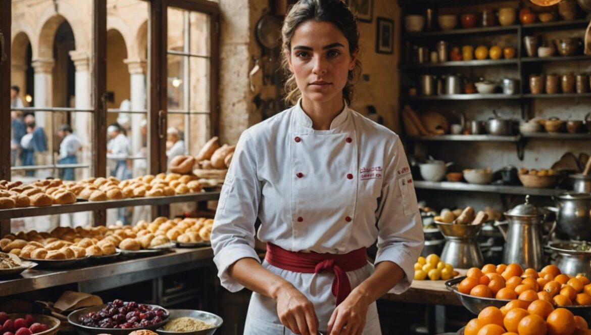 ¿Por qué no podemos parar de comer galletas industriales? El secreto químico que nadie te contó A young Spanish woman chef in a vibrant Andalusian kitchen, preparing homemade pastries with fresh ingredients, photorealistic editorial style, natural daylight streaming through an old market window, surrounded by fresh produce and traditional utensils, main subject well-centered and in sharp focus, background showing bustling market stalls with colorful fruits and local products.
