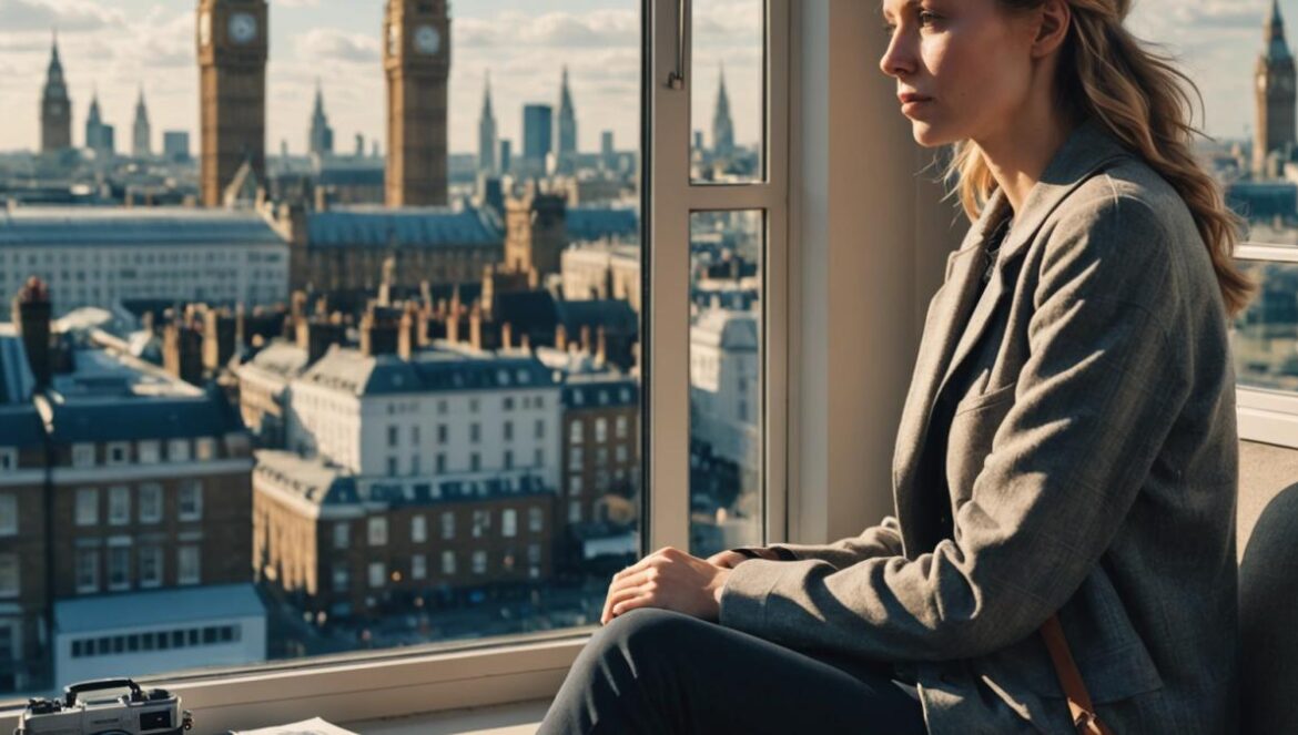 Jean Dujardin y Alexandra Lamy: del amor perfecto a la huida que lo cambió todo Alexandra Lamy sitting by a window overlooking London’s skyline, photorealistic editorial style, natural morning light illuminating her contemplative expression, subtle film posters and a travel suitcase in the background, main subject well-centered and in sharp focus, conveying a mix of nostalgia and renewal.