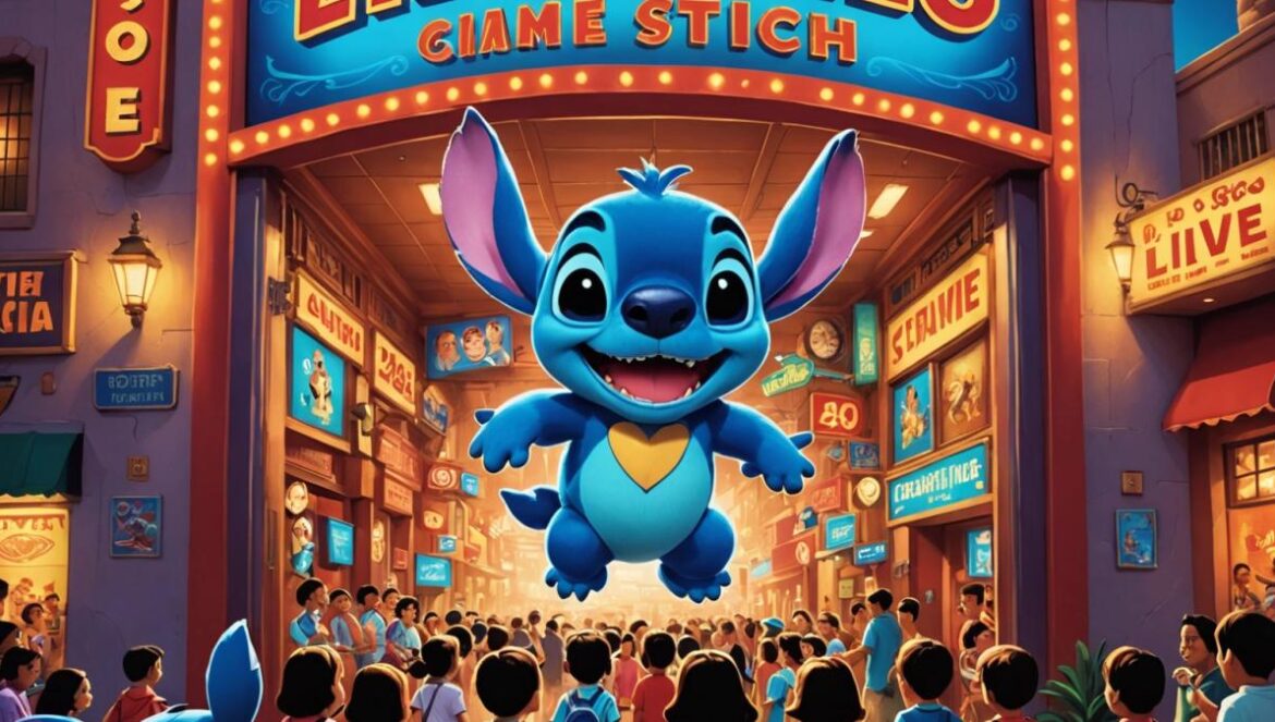 Lilo y Stitch en México: ¿por qué Disney sigue imbatible en taquilla? A bustling Mexican cinema entrance at night, families and children excitedly gathering around a large poster of Lilo & Stitch live-action, photorealistic editorial style, vibrant lighting highlighting colorful merchandise like plushies and hats featuring Stitch, main subjects centered and in sharp focus, clean background with subtle Disney branding.