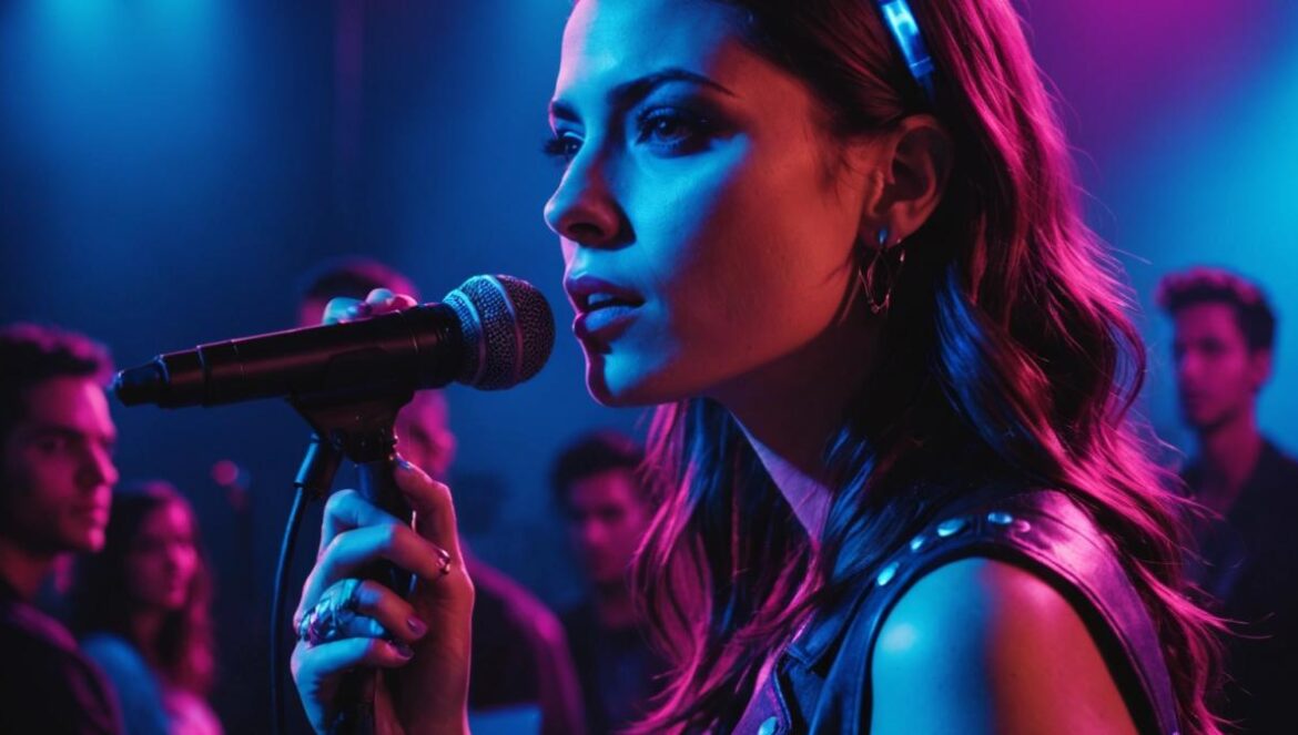 Liv del Estal: Trance, rebeldía y la verdad que nadie vio venir tras The Voice Liv del Estal, cantautora joven y carismática, actuando en un escenario moderno con luces neón azul y púrpura, look rebelde y auténtico, público diverso vibrando al ritmo de música electrónica, expresión intensa y libre, ambiente nocturno, estilo editorial realista con el foco claramente centrado en Liv como figura principal.