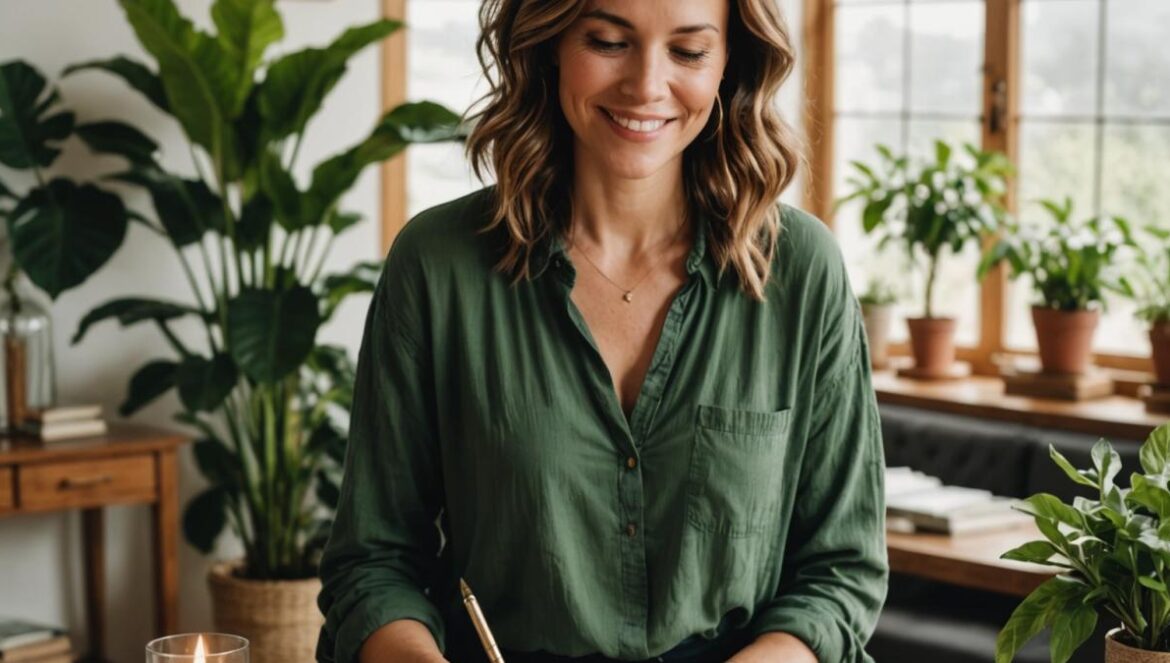 ¿Puede un divorcio ser el comienzo más honesto de tu vida? A confident woman in her early thirties, standing in a bright, modern living room filled with green plants and soft natural light, smiling gently while journaling at a wooden table. Center-focused editorial style, warm and hopeful mood, details like candles, open books on self-development, and subtle personal touches creating an inviting, uplifting atmosphere. Main subject sharp and clearly centered.