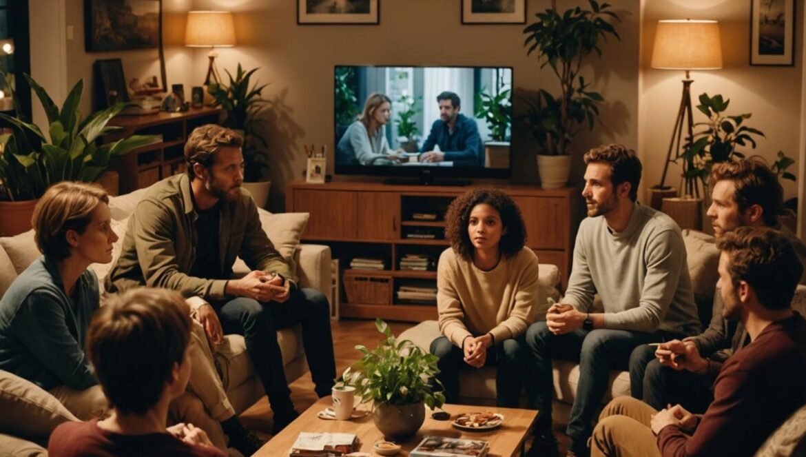 ¿Por qué ‘Demain nous appartient’ dice tanto sobre nosotros… más allá del drama? A group of diverse people sitting around a cozy, plant-filled living room, engaged in a deep conversation while watching a French TV drama on a modern flat-screen TV; photorealistic editorial style, warm evening lighting, emotional facial expressions reflecting intrigue and empathy, main subjects well-centered and in sharp focus, subtle French décor details like books and coffee mugs for added authenticity.