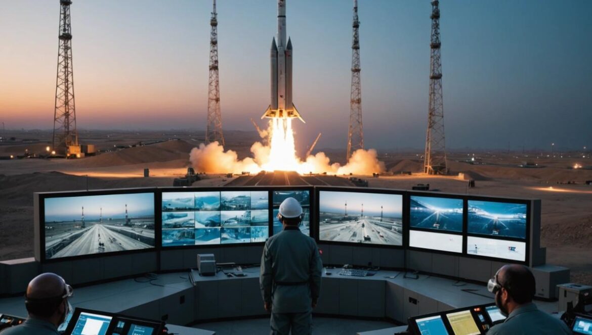 Fattah: el misil hipersónico iraní que desafía a la Cúpula de Hierro An editorial-style, photorealistic image of a high-tech missile launch facility in Iran at dusk, with the sleek Fattah hypersonic missile being prepped on a modern launch pad. Technicians in protective gear work around digital screens and blinking control panels. The background features Persian script banners and national flags, creating an atmosphere of tense anticipation and breakthrough technology. Main subject—the missile and its crew—must be clearly centered and in sharp focus, with dramatic lighting highlighting the technological details.