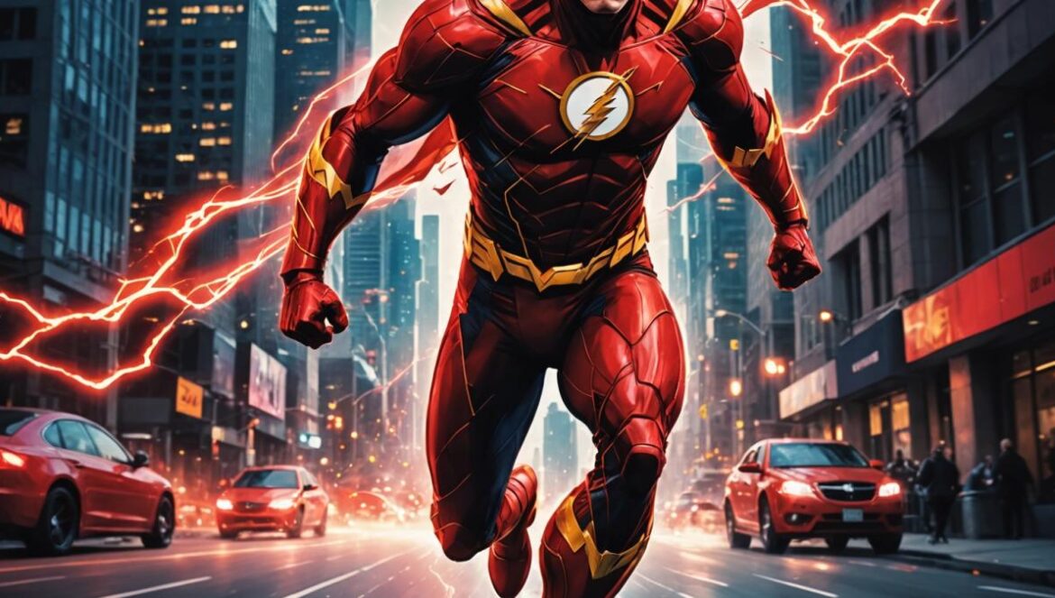 The Flash ya corre en Netflix: nostalgia, cameos y despedida oficial del DCEU A dramatic editorial-style image featuring a red-suited superhero (inspired by The Flash) running through an urban cityscape at dusk, the skyline filled with subtle flashes of blue and red lightning. Centered in sharp focus is the hero, his expression determined, while ghostly silhouettes of iconic DC characters (like Batman and Superman) appear blurred in the background. The mood is nostalgic yet electrifying, with vibrant lighting accentuating the sense of motion and time travel. Clean, cinematic composition with the main subject perfectly centered.