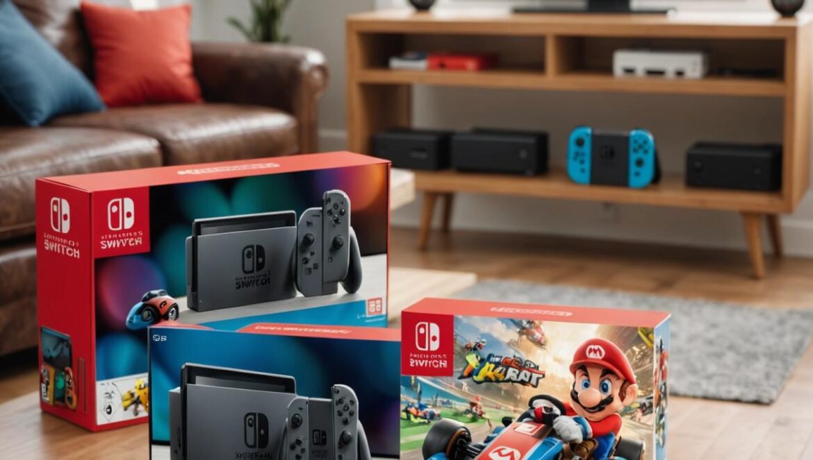 Nintendo Switch 2: ¿Por qué hay tantas cajas diferentes en los bundles de Mario Kart? Te cuento mi experiencia y las claves tras el fenómeno Two different Nintendo Switch 2 boxes, one with Mario Kart artwork and another with a simple sticker indicating the bundle, photorealistic editorial style, bright daylight in a modern living room setting, both boxes well-centered and in sharp focus on a wooden table, subtle background with classic gaming memorabilia visible for added context.