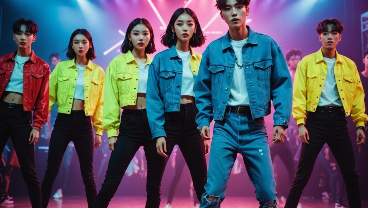 A group of young, stylish K-pop idols from a small entertainment company, center stage during a dynamic dance performance, photorealistic editorial style, vibrant neon lighting, trendy gender-neutral fashion and bold makeup, excited audience with glowsticks blurred in the foreground, crisp focus on the performers' expressive faces and synchronized choreography, clean modern stage background.