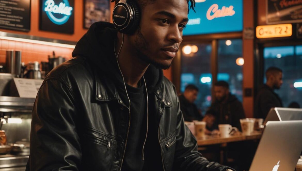 Beat Construction: ¿Por qué el sonido de Laron es imposible de imitar? A young, stylish music producer in all-black streetwear, sitting at a Brooklyn diner counter at night, a laptop open with visible music software and headphones around his neck. Photorealistic editorial style, warm neon lighting reflecting the city vibe, coffee cup and vinyl record in foreground, the main subject centered and sharply focused with a slight smile of confidence. The background subtly hints at Brooklyn’s urban character but is clean to keep focus on the producer.