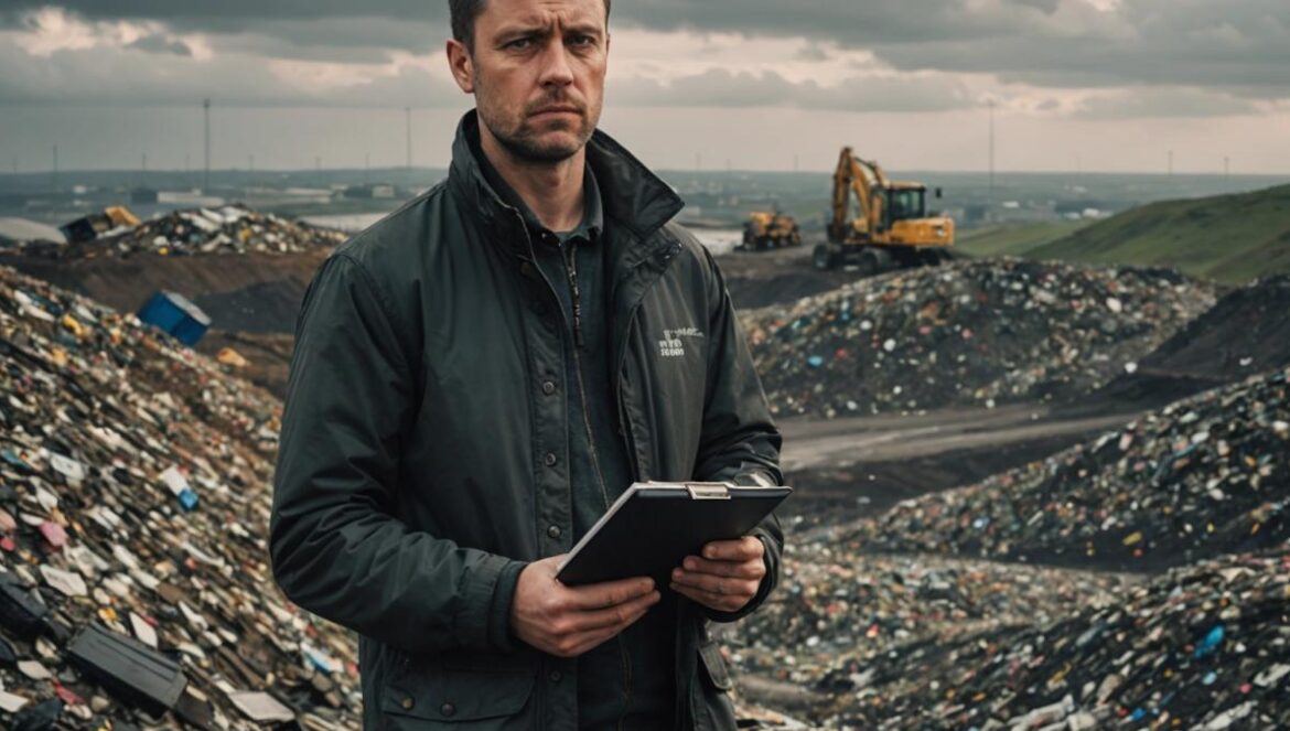 ¿800 millones en la basura? El bitcoin perdido que obsesiona al mundo (y a Hollywood) A determined man in his mid-30s standing at the edge of a massive landfill in Newport, Wales, holding a notebook and gazing thoughtfully towards piles of waste under cloudy skies, photorealistic editorial style, moody lighting with soft highlights on the main subject's face, subtle Bitcoin symbols on his clothes, clean and well-focused center composition, with faint cityscape in background.