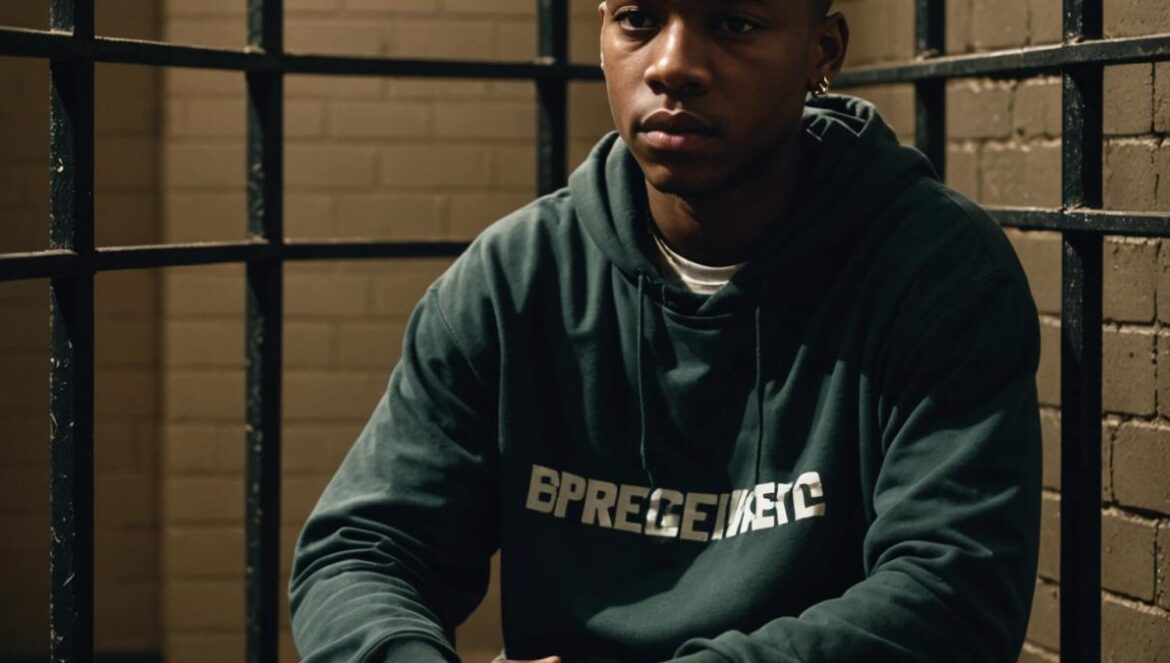Silentó: del meme global a 30 años de cárcel… ¿quién cuida a los ídolos virales? A young Black male rapper, center-focused, sitting alone in a dimly lit jail cell, photorealistic editorial style, somber mood with dramatic shadows, faded posters of viral internet trends and music charts visible on the walls behind him, hands clasped in front of him, conveying reflection and regret. Main subject is well-centered and in sharp focus.