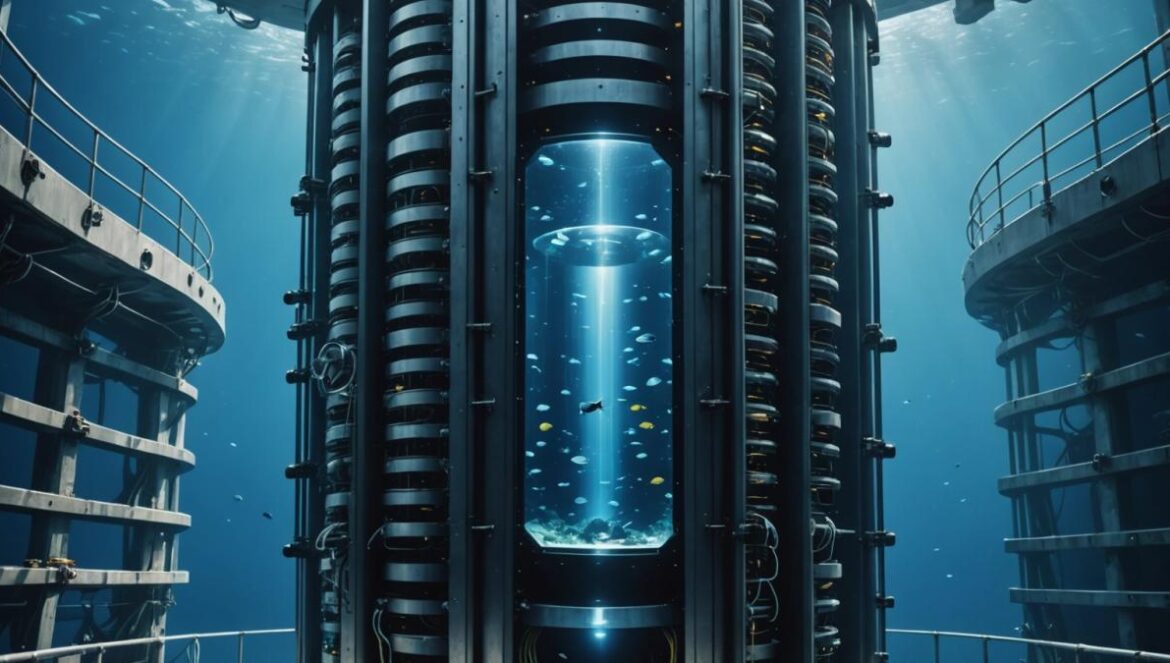 China lanza centros de datos bajo el mar: así es el futuro verde de la nube A futuristic underwater data center off the coast of Shanghai, photorealistic editorial style, massive cylindrical server modules anchored to the seabed, vibrant blue water with rays of sunlight filtering from above, clean cables and marine life visible, main data center module clearly centered and in sharp focus, realistic lighting and crisp details.