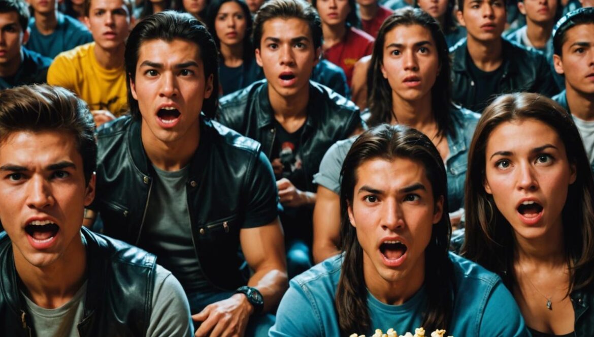 ¿Por qué Mortal Kombat 2 ha estado envuelta en tanto misterio? A group of excited young adults in a modern Madrid cinema, watching an intense action scene from Mortal Kombat 2, photorealistic editorial style, vibrant colors and dramatic lighting, center-focused shot with cinema seats, some fans wearing cosplay accessories and holding popcorn, a sense of anticipation and thrill on their faces, main subject sharply in focus, background slightly blurred to highlight the central group.
