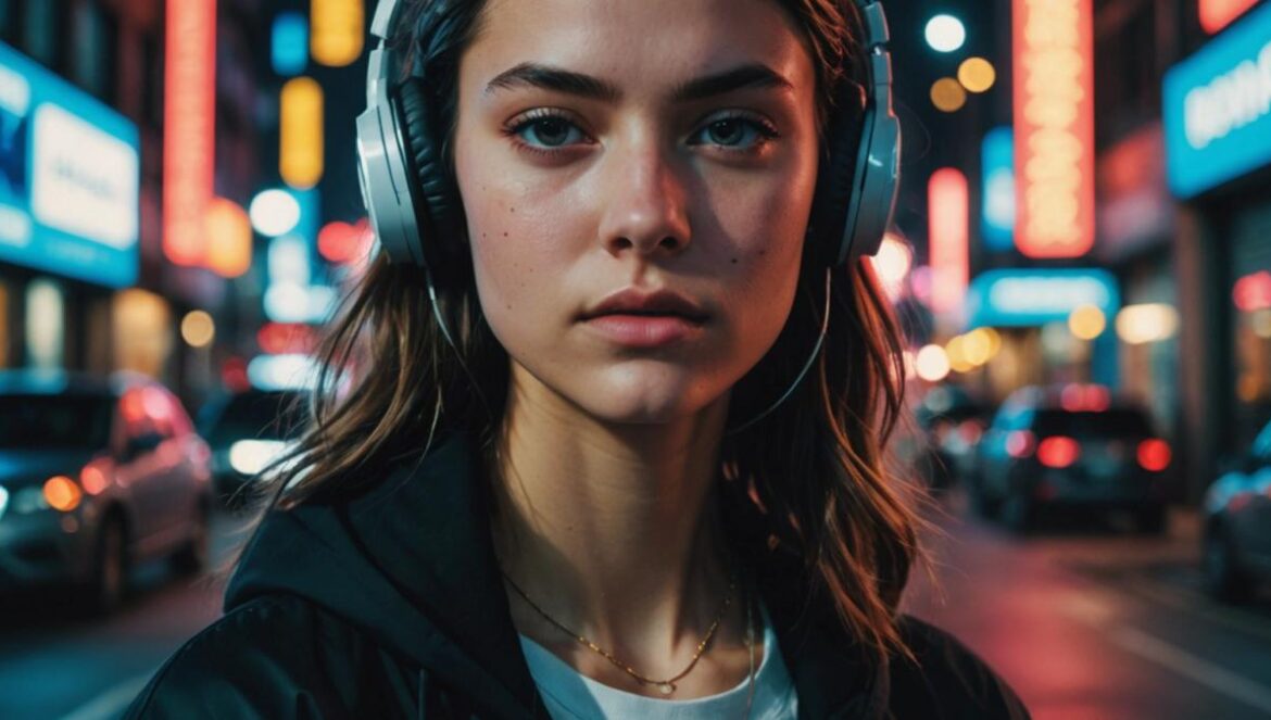 Virgin de Lorde: el disco incómodo que rompe tabúes y redefine el pop confesional A young woman with striking features, center-focused and in sharp focus, wearing modern streetwear, standing confidently in front of a blurred cityscape with neon lights, photorealistic editorial style, late-night mood with dramatic lighting highlighting her expression, subtle references to music like headphones around her neck, raw and empowered attitude clearly visible.