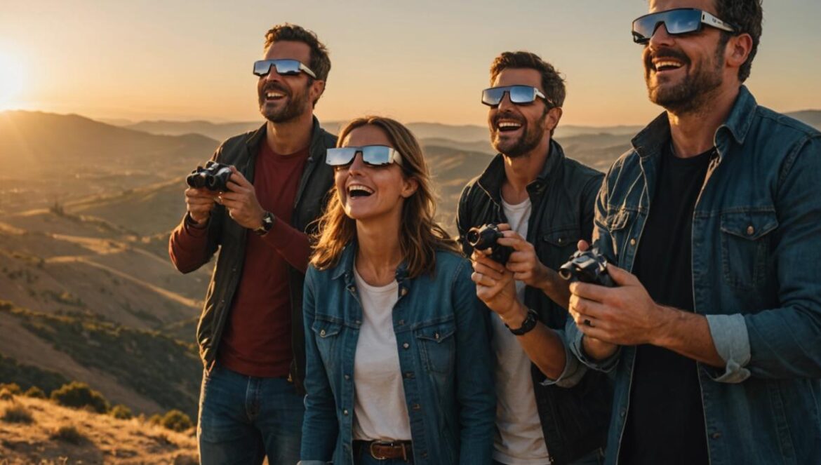 Eclipse solar total 2026: España vivirá 2 minutos de noche en pleno verano A group of excited people on a Spanish hillside at sunset, all wearing certified eclipse glasses, watching the sky as the sun is dramatically eclipsed, photorealistic editorial style, golden hour lighting with long shadows, clear view of the horizon and a darkening sky, props like cameras and telescopes visible, main subjects centered and in sharp focus, festive atmosphere.