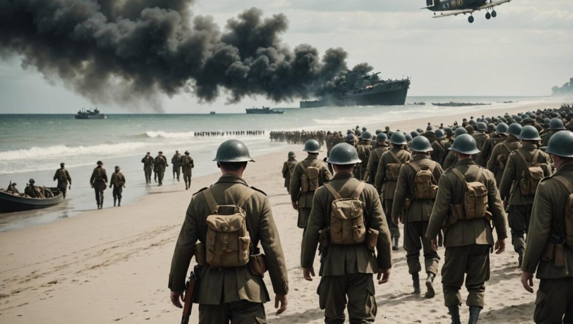 Dunkirk: cuando Christopher Nolan reinventó el cine bélico con tiempo, sonido y angustia colectiva A dramatic recreation of the Dunkirk beach evacuation, photorealistic editorial style, British and French soldiers in World War II uniforms gathered anxiously on a sandy beach, distant smoke and warplanes overhead, a civilian boat approaching from the sea, emotional tension visible on faces, overcast lighting, main group of soldiers clearly centered and in focus, cinematic composition.