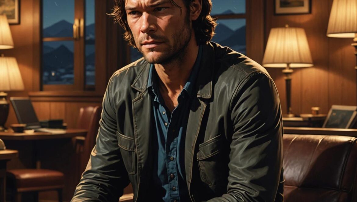 Cuando la ficción duele: el episodio “Mystery Spot” de Supernatural que hizo llorar a Jared Padalecki cada día en el rodaje Jared Padalecki in character as Sam Winchester, sitting alone on a dimly lit set that resembles a motel room, head bowed with visible tears and exhaustion, editorial photorealistic style, warm but somber lighting, emotional expression, script pages scattered around him, main subject well-centered and sharply in focus, background subtly referencing the supernatural theme.