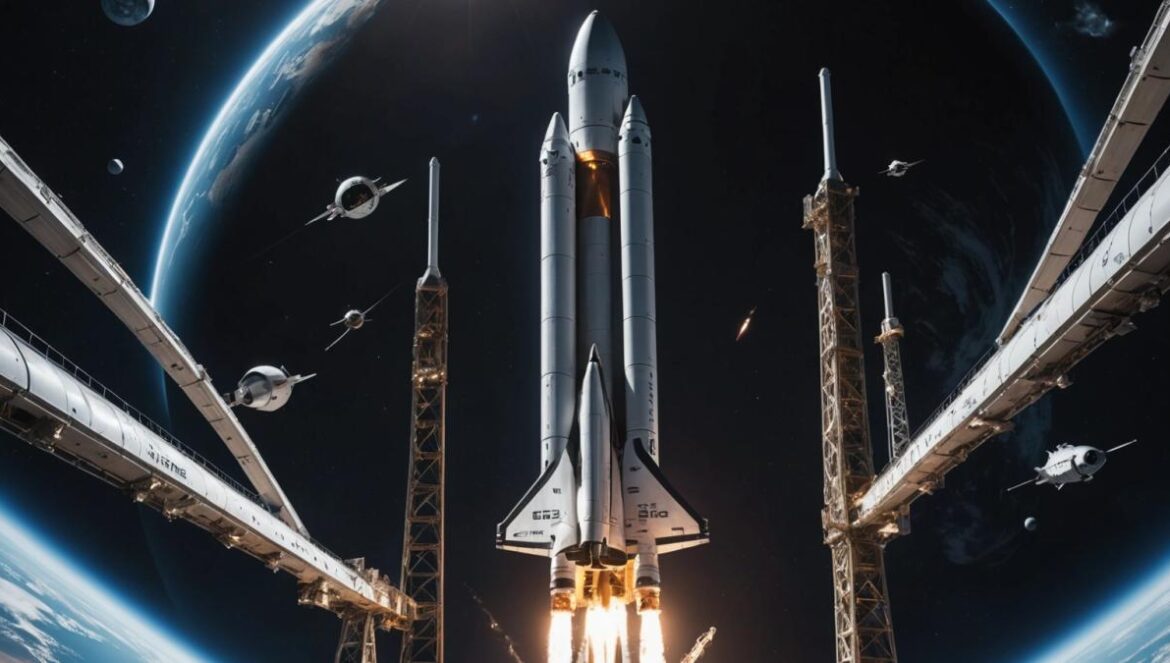 Marte en 90 días: el plan secreto que podría adelantar la colonización espacial A futuristic rocket launch scene, a gleaming SpaceX Starship at center stage, launching from Earth's orbit with a fleet of tankers nearby, photorealistic editorial style, bright and clear lighting, energetic atmosphere with astronauts in modern suits watching from an observation deck, the curvature of Earth visible in the background, main Starship rocket well-centered and in sharp focus.