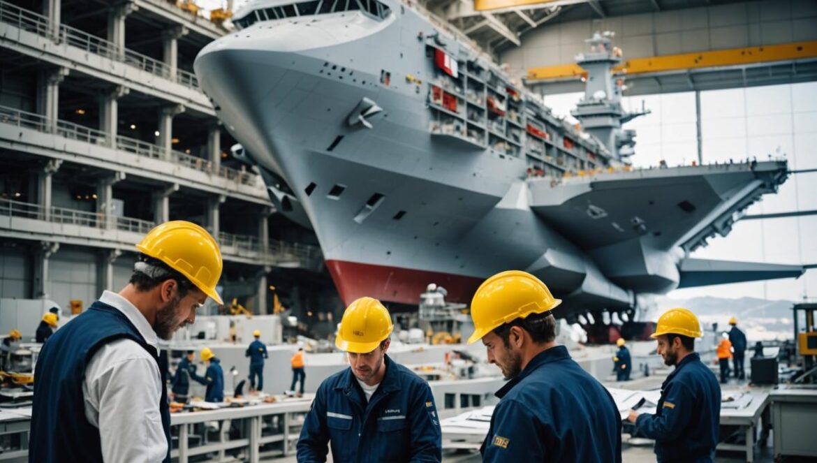 España mira al 2050: el portaaviones convencional que pondrá a la Armada en la liga de Top Gun A modern Spanish naval shipyard, engineers and technicians examining digital blueprints of a large aircraft carrier under construction, photorealistic editorial style, bright natural lighting, the main subject (a futuristic ship model) centered and in sharp focus, with visible Spanish and European flags, hard hats, laptops, and advanced industrial equipment in the background.
