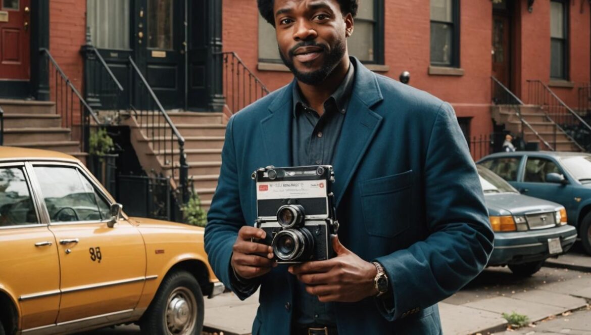 A charismatic Black comedian in his 30s, standing confidently in front of a vintage brownstone in Brooklyn's Bed-Stuy neighborhood. He holds a script and a camera, surrounded by a diverse, lively film crew and classic movie posters. The atmosphere is energetic and hopeful, with bright natural lighting illuminating the scene. Editorial-style, photorealistic image with the main subject sharply centered and in focus, capturing the spirit of grassroots filmmaking.
