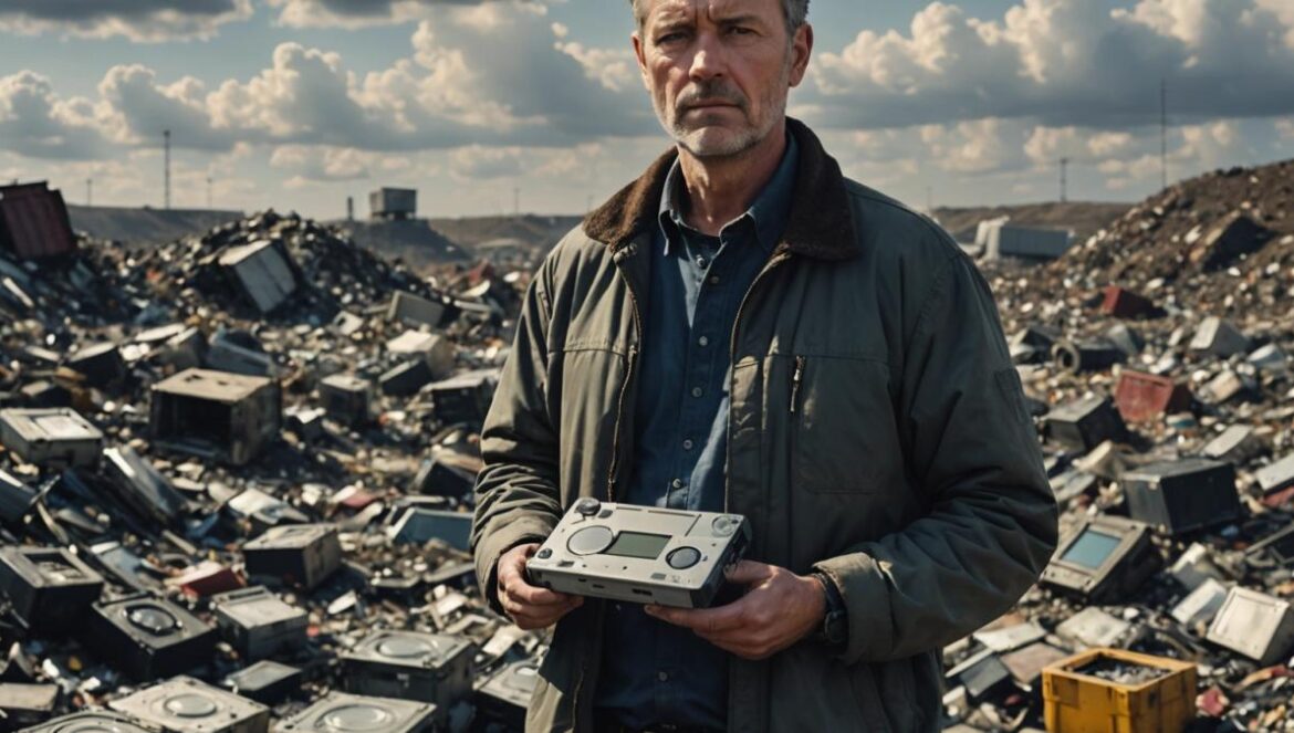 El hombre que tiró 8.000 Bitcoins a la basura: lecciones de un error millonario A middle-aged man in casual clothes stands at the center of a vast landfill, holding an old hard drive with a look of intense determination and hope. The background features piles of trash, some visible technology gadgets, and distant robotic equipment. Editorial photorealistic style, clear daylight with dramatic clouds overhead, the main subject sharply centered and in focus, subtle hints of Bitcoin symbols among the debris.