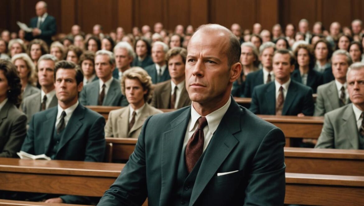 Bruce Willis antes de ser Bruce Willis: el cameo secreto que pocos conocen A young Bruce Willis, dressed in early 1980s attire, sitting among the audience benches of a dramatic courtroom scene from a classic film, photorealistic editorial style, moody cinematic lighting, central focus on Willis's subtle facial expression as he watches the proceedings intently, other figures slightly out of focus, vintage courtroom details in the background.