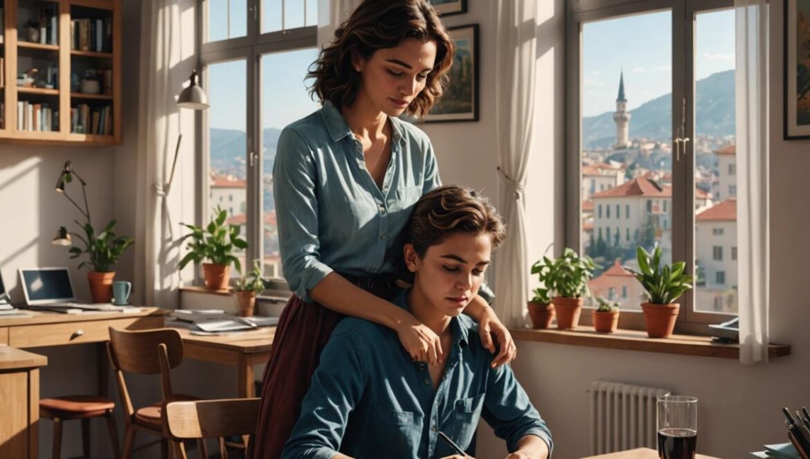 ‘Fuerza de Mujer’ conmueve con un giro inesperado A dramatic scene in a modern Turkish apartment, center-focused on a young woman (Ceyda) embracing her son with visible relief and joy, photorealistic editorial style, natural daylight streaming through large windows, subtle elements hinting at tension (a mysterious man in the background, legal documents on the table), atmosphere charged with emotion, well-lit and crisp details on the main subjects, uncluttered background to keep focus on the mother-son moment.