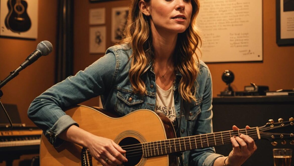 Anna Shoemaker rompe esquemas: el folk-pop crudo que emociona a una nueva generación Anna Shoemaker performing live on stage in a cozy, intimate venue, photorealistic editorial style, warm golden lighting highlighting her expressive face as she plays an acoustic guitar, a diverse audience closely surrounding the stage, handwritten lyrics visible on a notebook next to her, posters of classic albums in the background, main subject well-centered and in sharp focus.