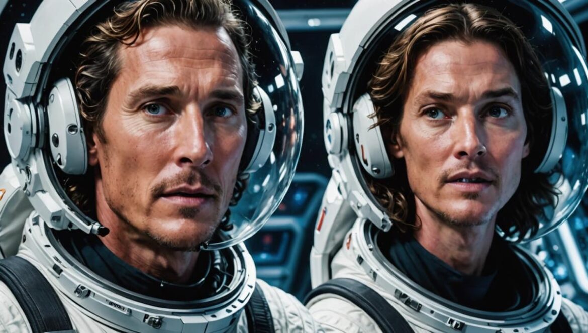 Matthew McConaughey and Anne Hathaway in astronaut suits aboard a futuristic spaceship, discovering Matt Damon just awakened from a hibernation pod. Photorealistic editorial style, dramatic cinematic lighting, deep space visible through the portholes, characters centered and in sharp focus with subtle expressions of shock and intrigue, interior full of sci-fi details but clean background.