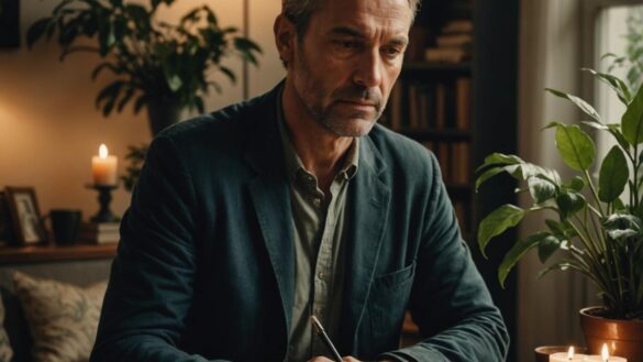 A thoughtful, middle-aged man sitting in a modern, softly lit apartment filled with plants and books, looking introspective at a table with an open journal, photorealistic editorial style. The mood is contemplative yet hopeful, with warm light from aromatic candles highlighting the scene. The main subject is well-centered and in sharp focus, background details subtly showing elements of self-care and mindfulness.