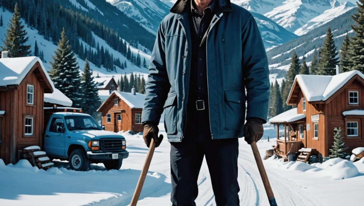 Liam Neeson se ríe de sí mismo (y te atrapa) en esta joya escondida del streaming Liam Neeson as a stoic snowplow driver in a snowy, isolated Colorado village, photorealistic editorial style, center-focused shot of Neeson holding snow shovel with determined look, backdrop of snow-covered mountains and quirky roadside signs, cold blue lighting with cinematic atmosphere, clear and sharp image with dramatic winter details.