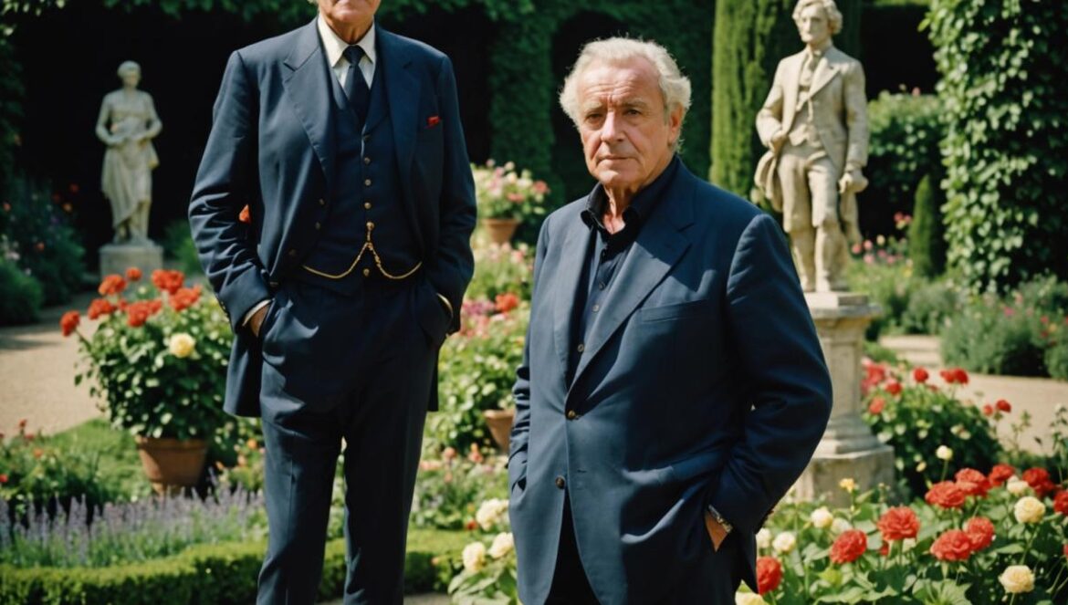 Hugues Aufray, 96 años y sin filtros: amor tardío, bandera polémica y escenarios eternos A legendary French singer in his lush Marly-le-Roi garden, standing confidently near a sculpture, a French flag discreetly tucked under his arm, photorealistic editorial style, bright natural lighting, vibrant flowers and a peaceful villa in the background, the main subject centered and in sharp focus for an intimate yet grand portrait.