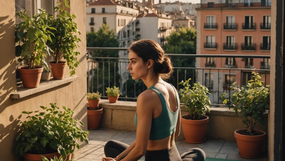 De Vallecas a Villaverde: lo que nadie te cuenta sobre encontrar calidad de vida fuera del hype A young Spanish woman sitting calmly on a cozy balcony filled with plants, overlooking a vibrant but gritty Madrid neighborhood (Villaverde or Puente de Vallecas), photorealistic editorial style, golden afternoon light, subtle contrast between urban roughness and personal wellness details like yoga mat and healthy snacks, main subject centered and in sharp focus, clean composition highlighting both city energy and individual tranquility.