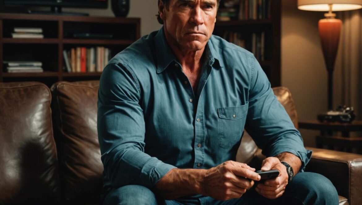 El batacazo de FUBAR 2: cuando ni Schwarzenegger salva a Netflix Arnold Schwarzenegger sitting in a dimly lit modern living room, looking contemplative and slightly frustrated, holding a remote control with the Netflix logo visible on the TV in the background. Editorial, photorealistic style. The atmosphere is tense yet introspective, with subtle references to streaming culture (like popcorn and open laptop on a table), main subject centered and in sharp focus.
