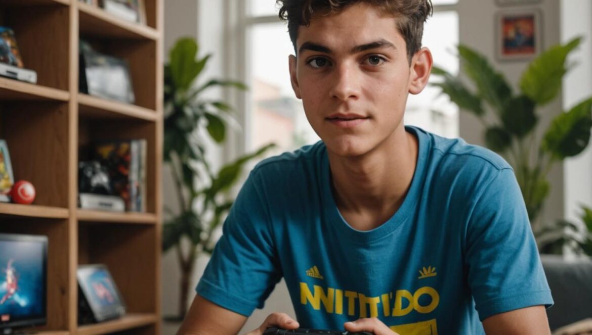 A center-focused shot of a young Brazilian gamer in a modest apartment, holding a Nintendo Switch 2 box with a mix of excitement and disbelief. Photorealistic editorial style, natural daylight coming through the window, visible price tag in Brazilian reais on the box, vintage gaming consoles and tech memorabilia on shelves behind, clear focus on the person's face and the console box, background slightly blurred for emphasis.